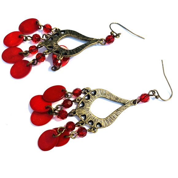 Boho Fashion Pierced Earrings Antiqued Goldtone Red Beaded Dangle Hoops Festival - Picture 5 of 6